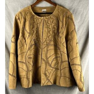 Chico's Faux Suede Tan Jacket Plus Size 4 (20) Hook/Eye Artistic Trim Detail